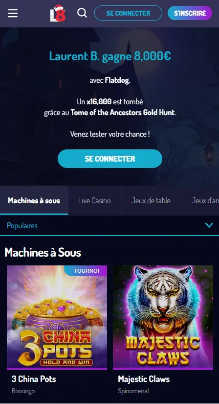 Interface de l'application Lucky8 montrant des jeux et des bonus