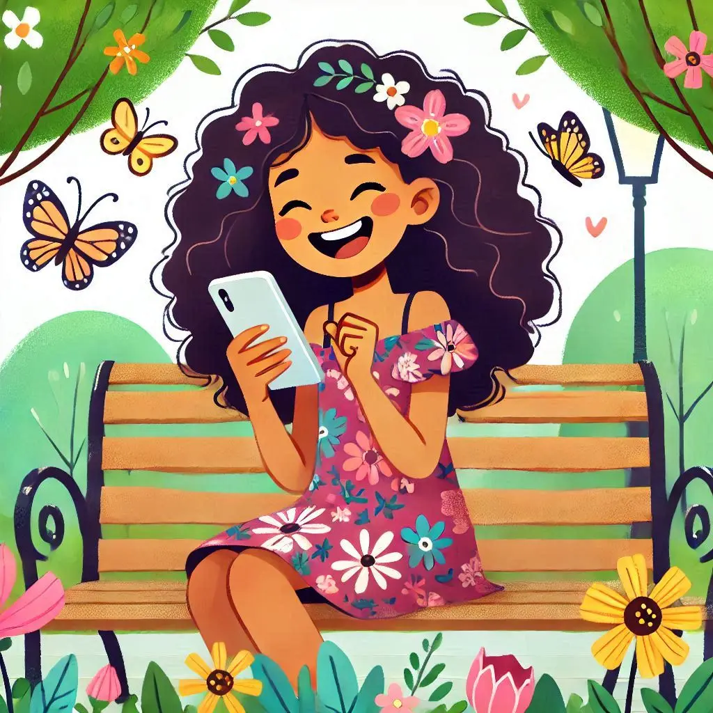 Une joueuse heureuse regardant son téléphone