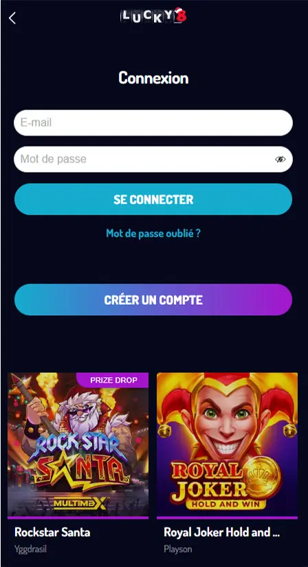 Connexion à l'application mobile LUCKY8 CASINO